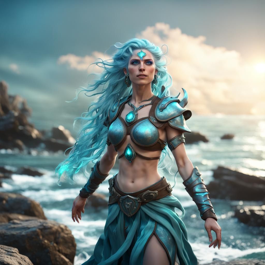 Attractive Water Genasi Druid Casting Magic in 3D