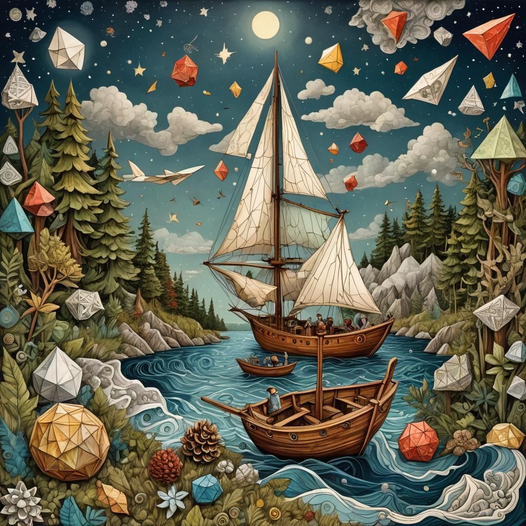 Surreal Paper Dreamscape with Geometric Elements