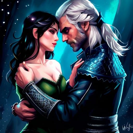 Geralt and Yennefer Embrace in Space, Digital Art