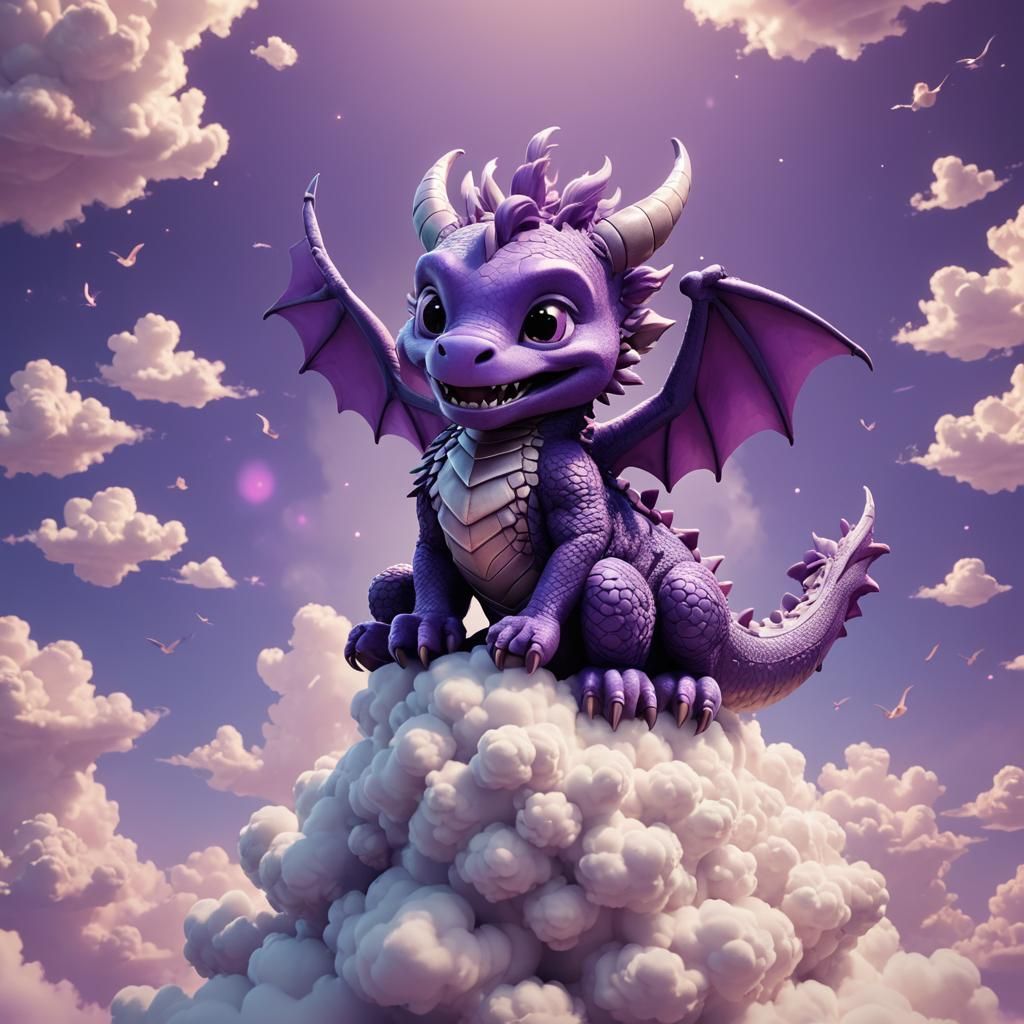 Happy Purple Dragon on Cloud in 3D Style
