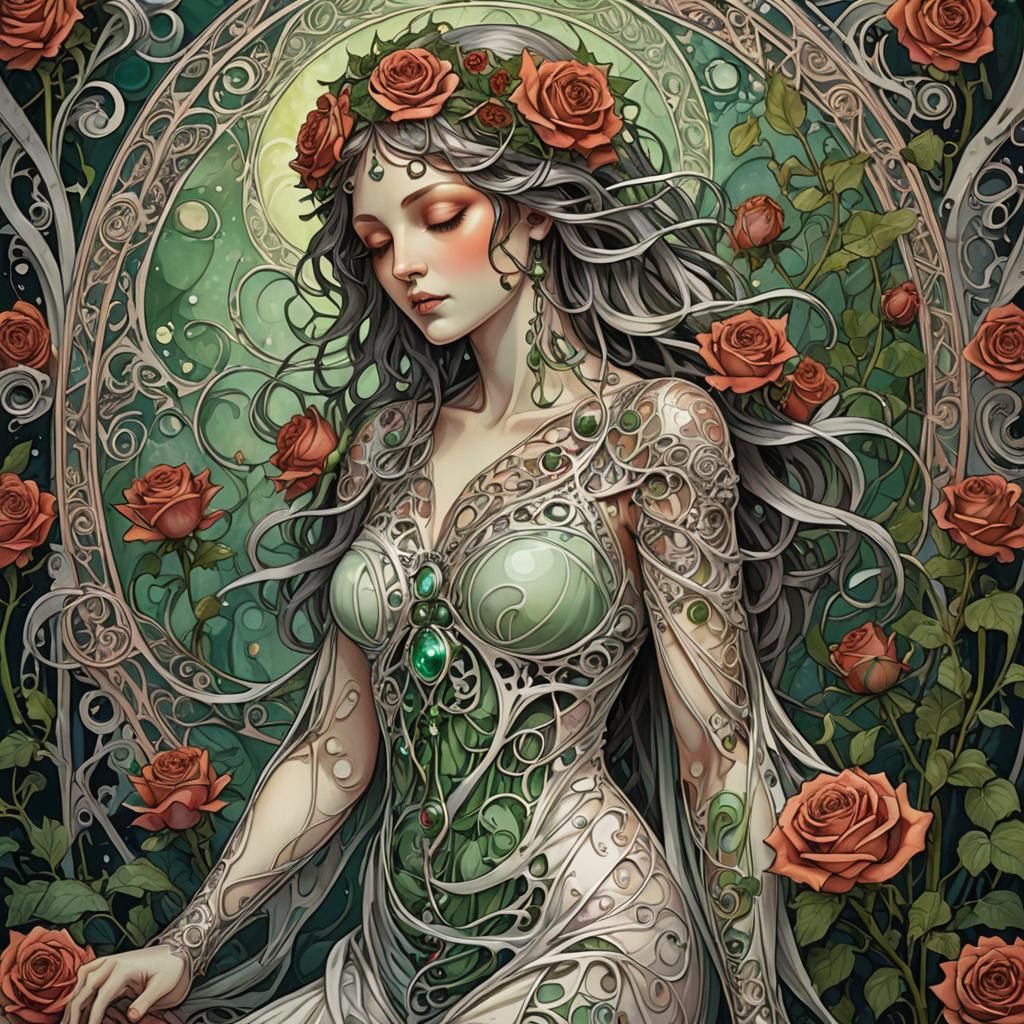 Mucha-Style Ghost Mummy Rose in Eternal Nightfall