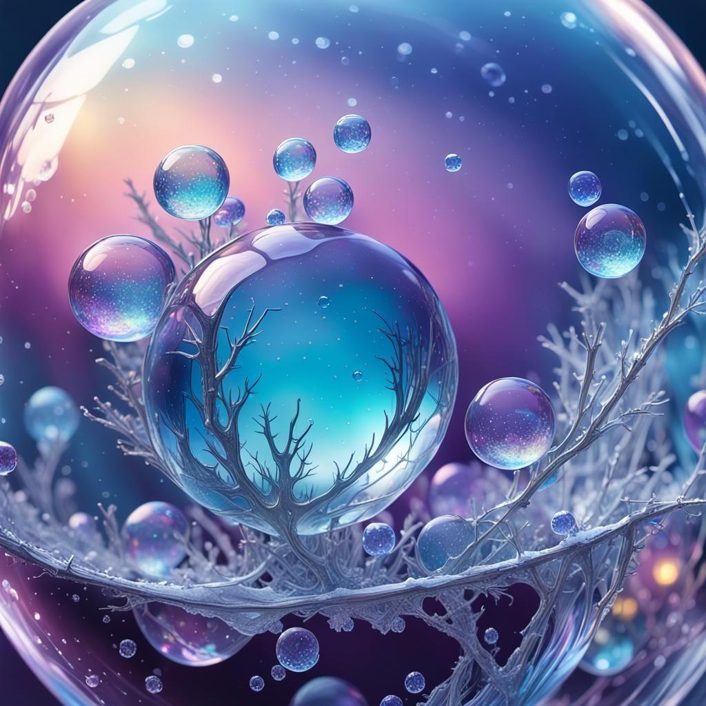 Frozen Soap Bubble with Ice Crystals, Detailed Macro