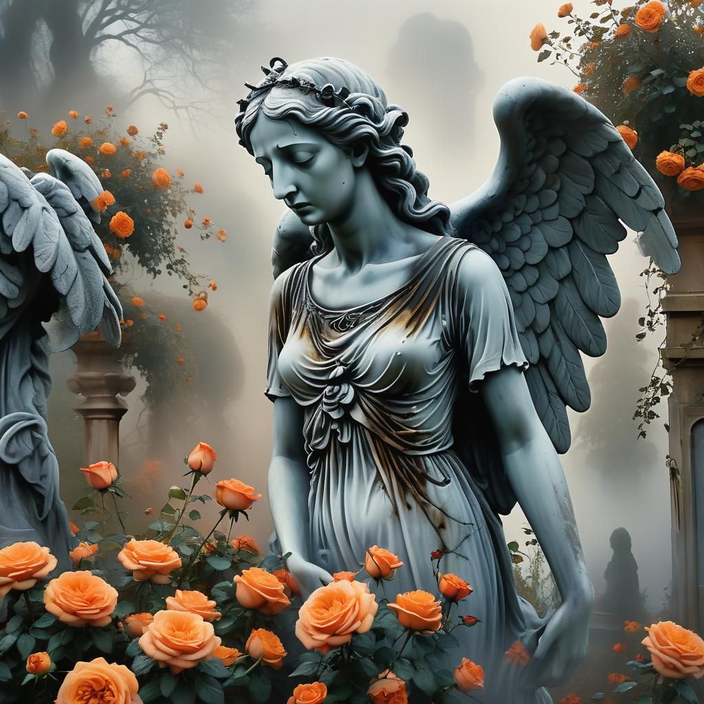 Weeping Angel in Victorian Garden, Oil Painting