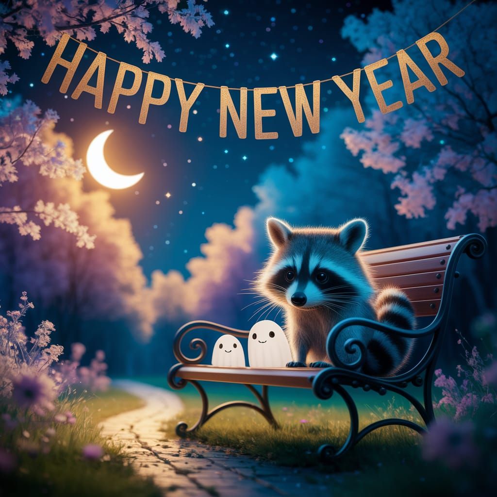 Chibi Ghosts & Raccoons Under Starry Night Sky