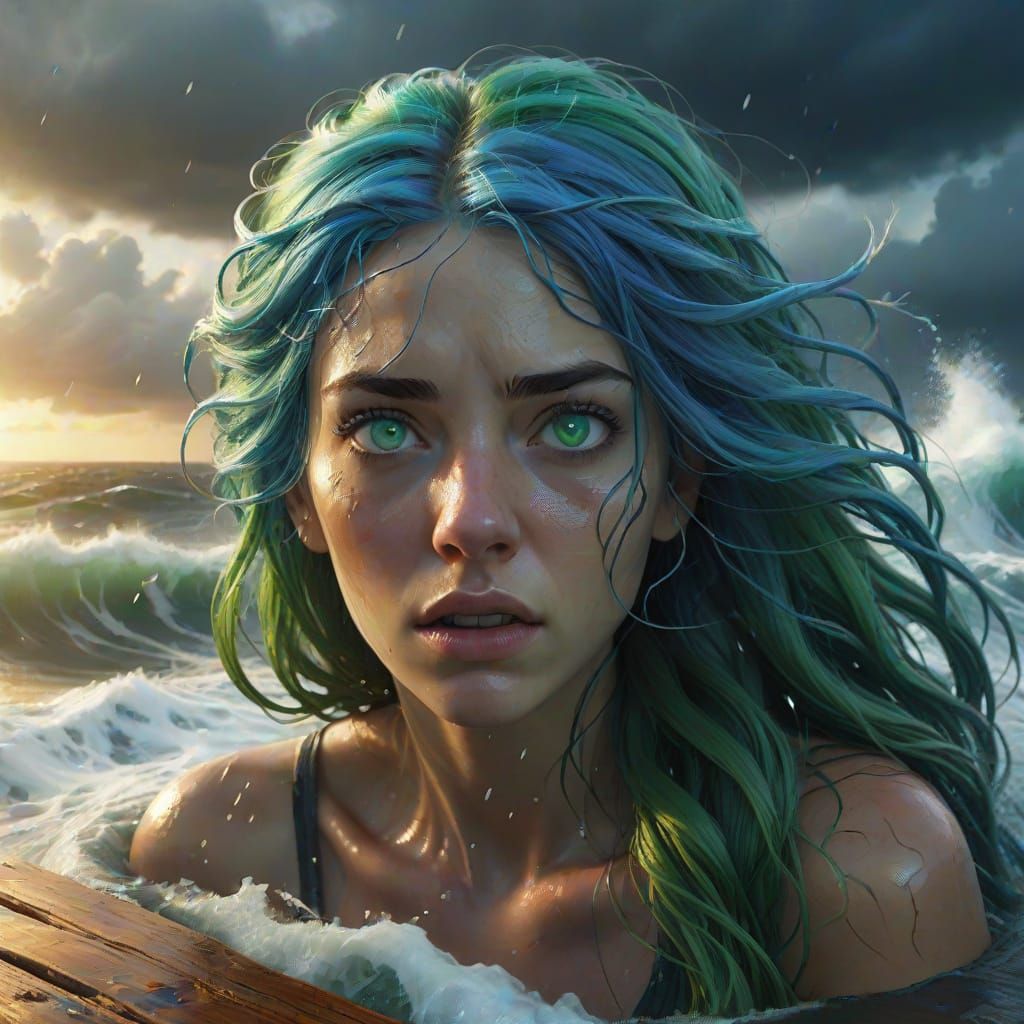 Turbulent Ocean Scene with Frightened Teenage Woman