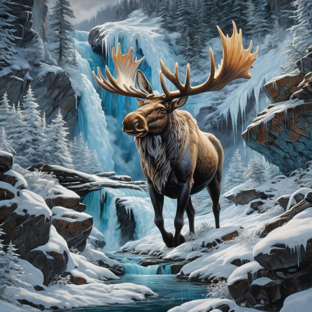 Hyper Realistic Oil Painting of Majestic Moose in Rocky Moun...