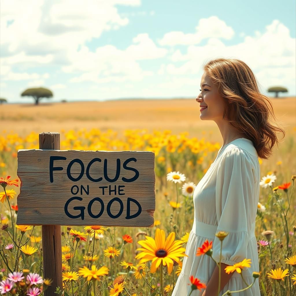Woman in Sunny Savannah Contemplates Sign