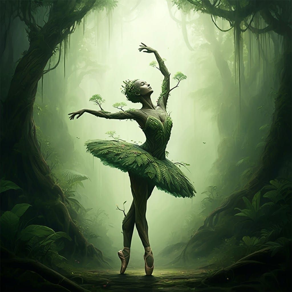 Ballerina Made of Trees in Lush Jungle