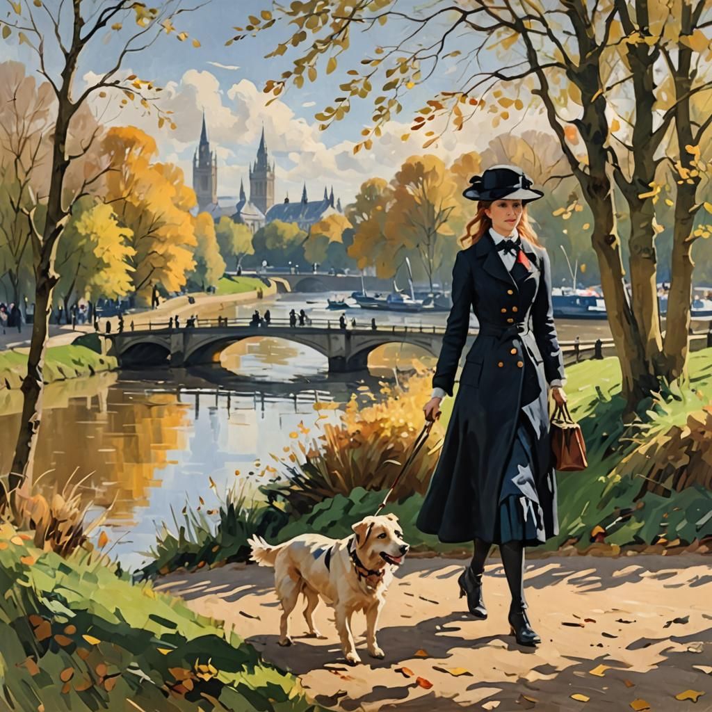 Woman and Dog by River in Impressionist Style
