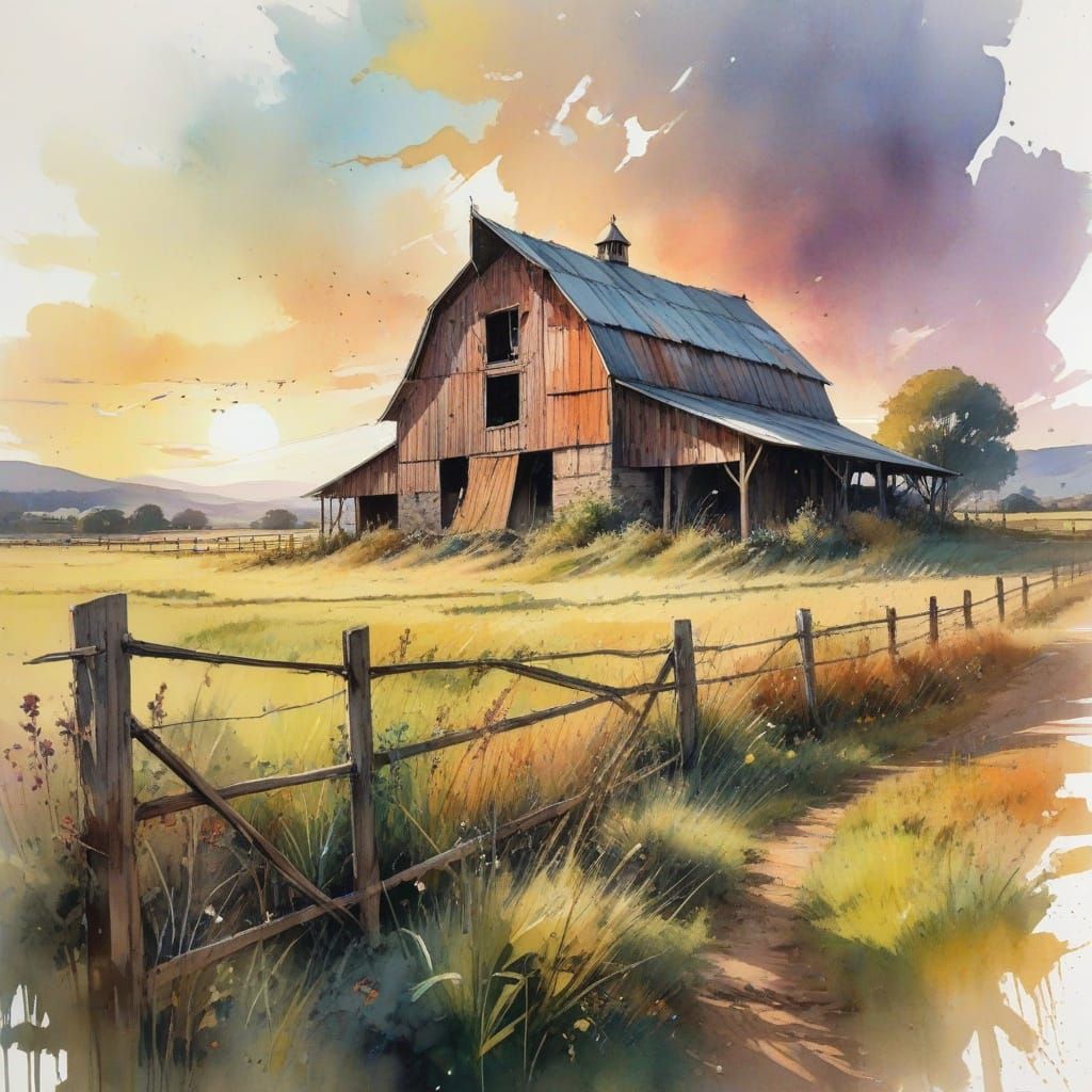 Vibrant Farmland Barn in Late Afternoon Watercolour