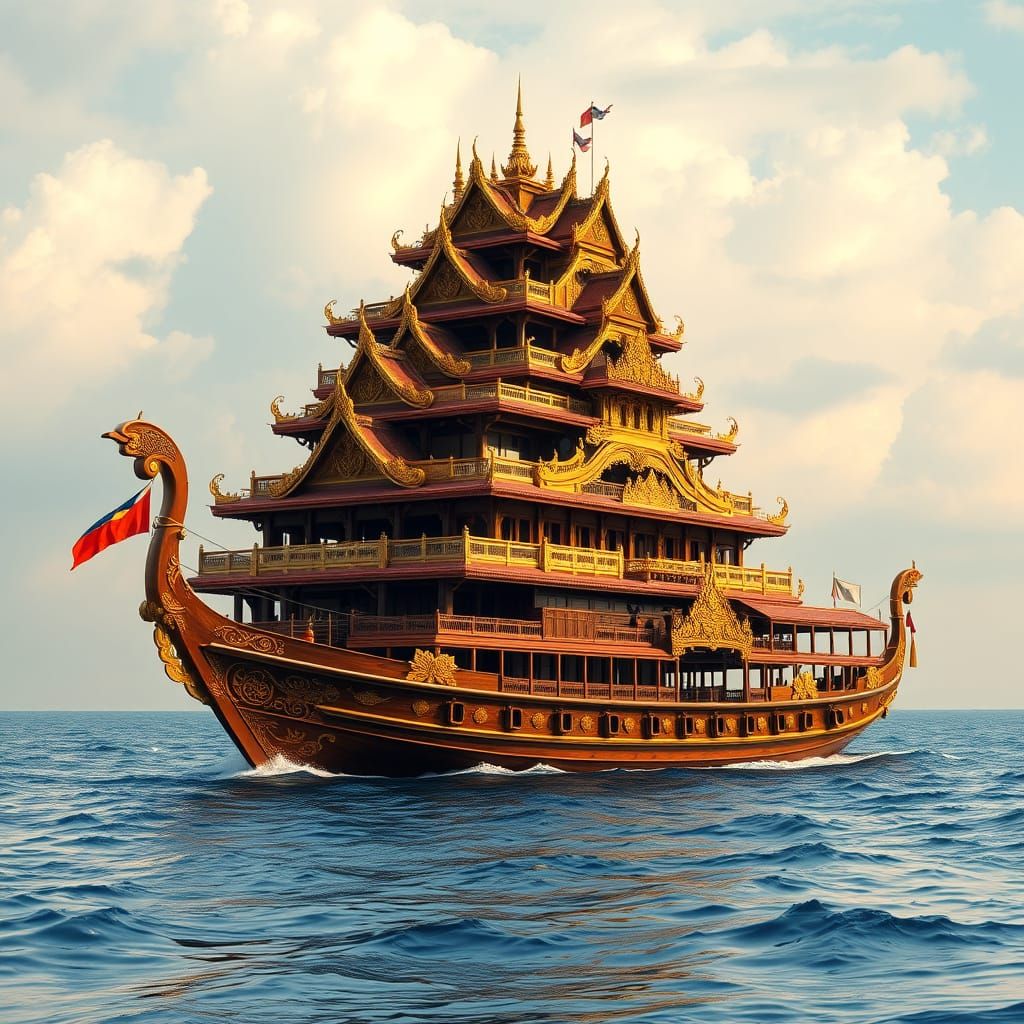Golden Siamese Junk Ship Castle in Majestic Thai Style