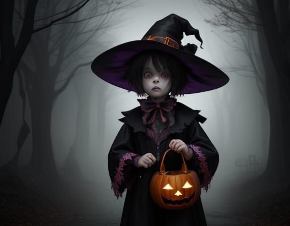 Grotesque Halloween Costume Child in Ominous Atmosphere