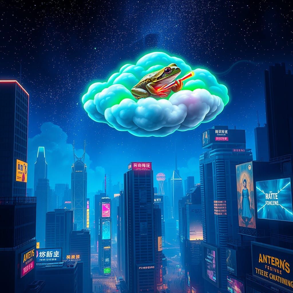Cyberpunk Toad Plays Glowing Flute Amidst Neon Clouds