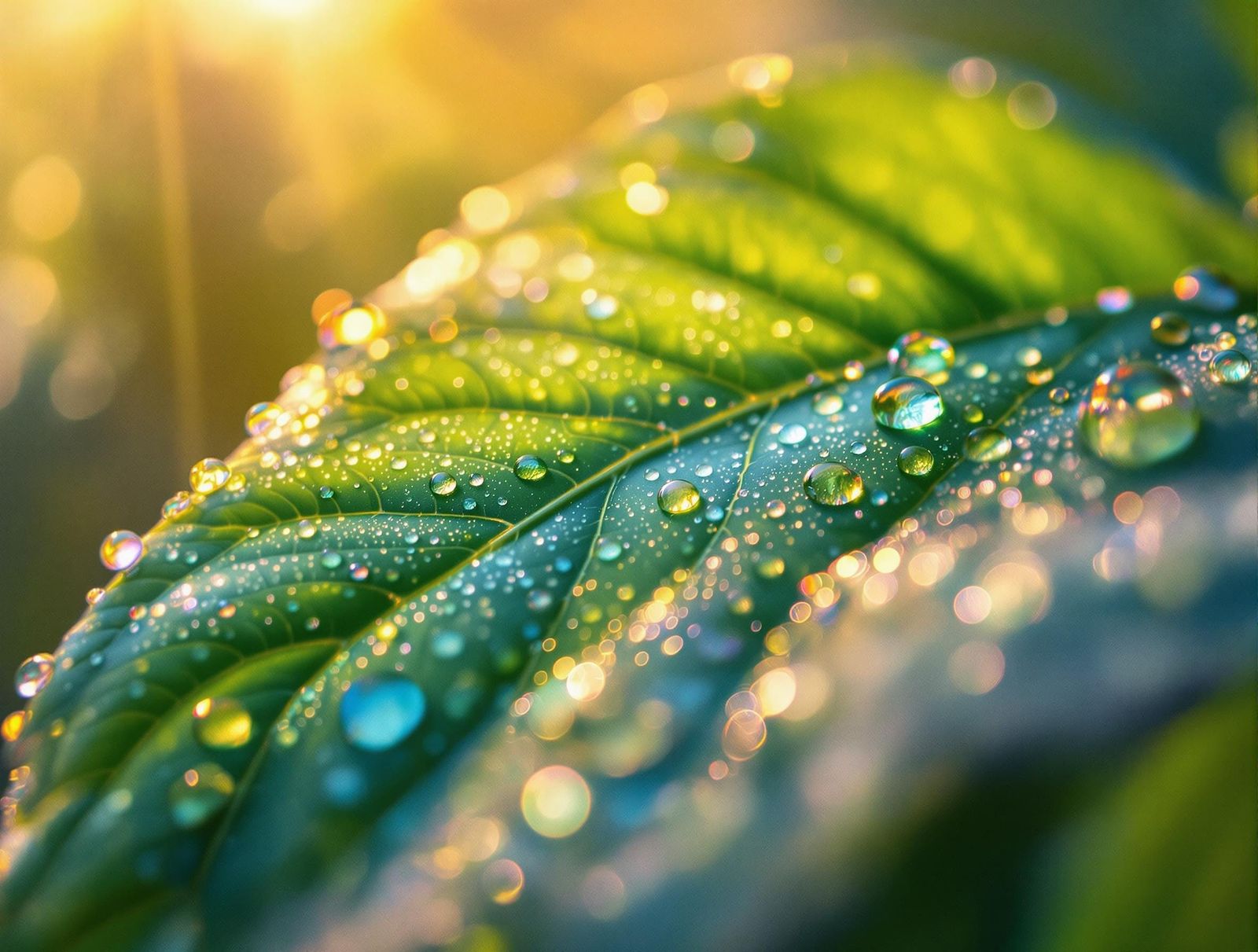 Macro Flower Leaf Glistening with Raindrops