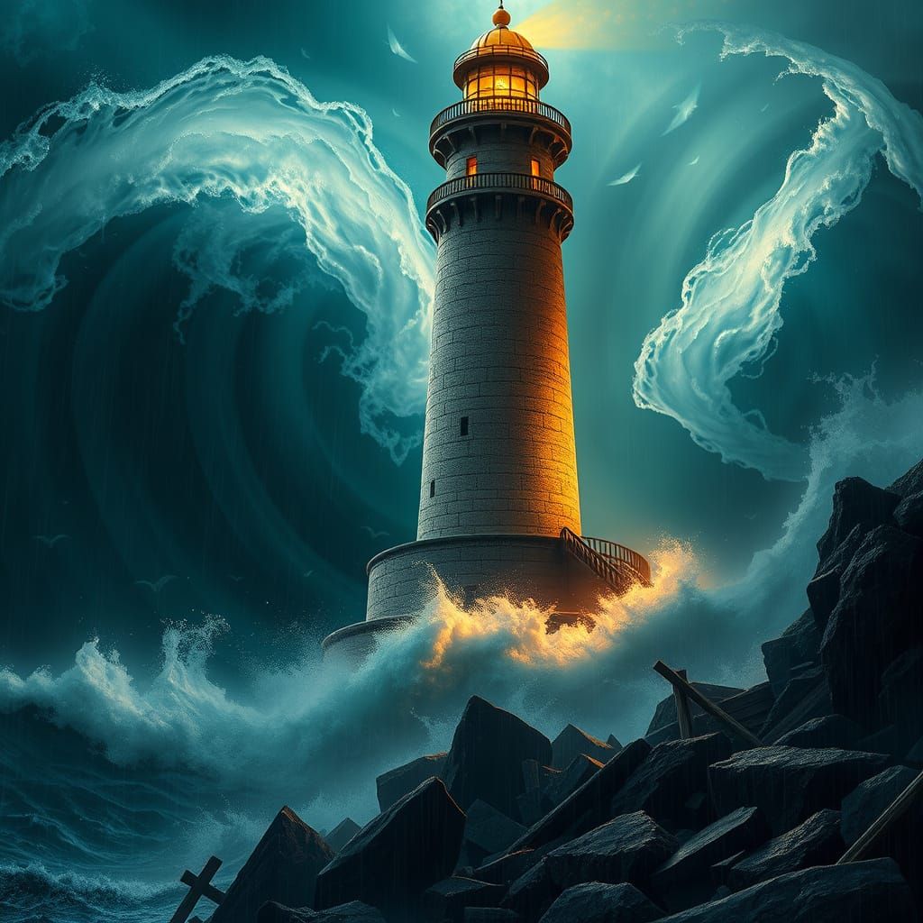 Majestic Lighthouse Against Turbulent Ocean Storm