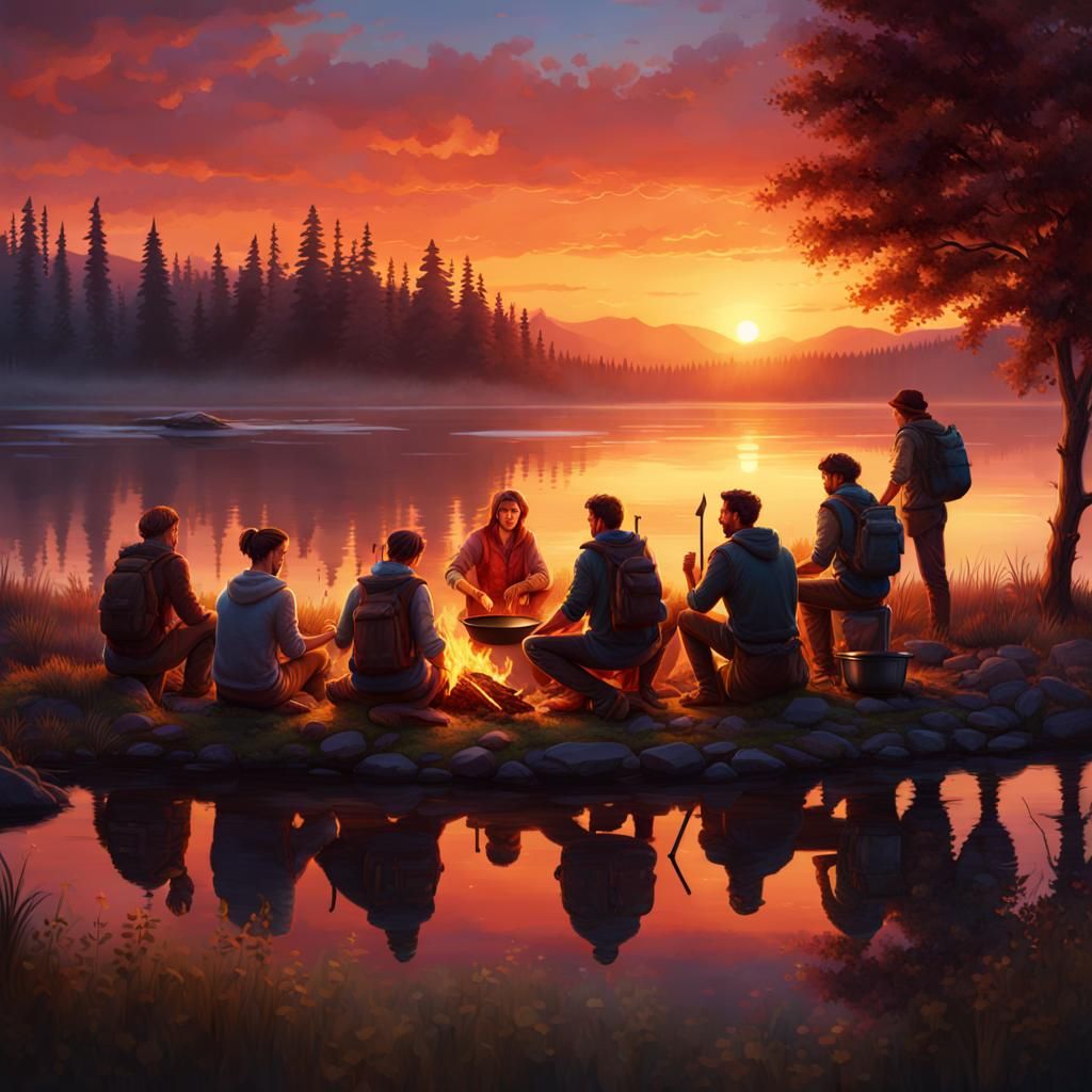 Friends Camping by Lake at Sunset: Matte Painting