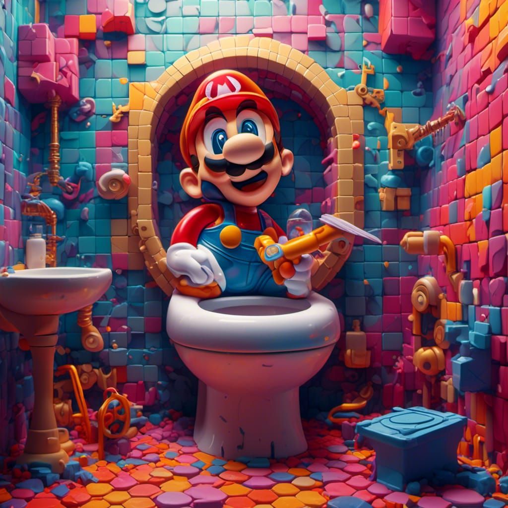 Mario Cleans Toilet: Abstract Expressionist Oil Painting