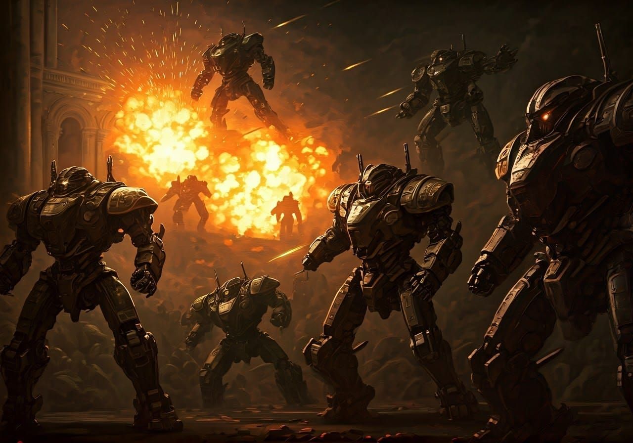 Epic Robot Battle in Baroque Neoclassical Style