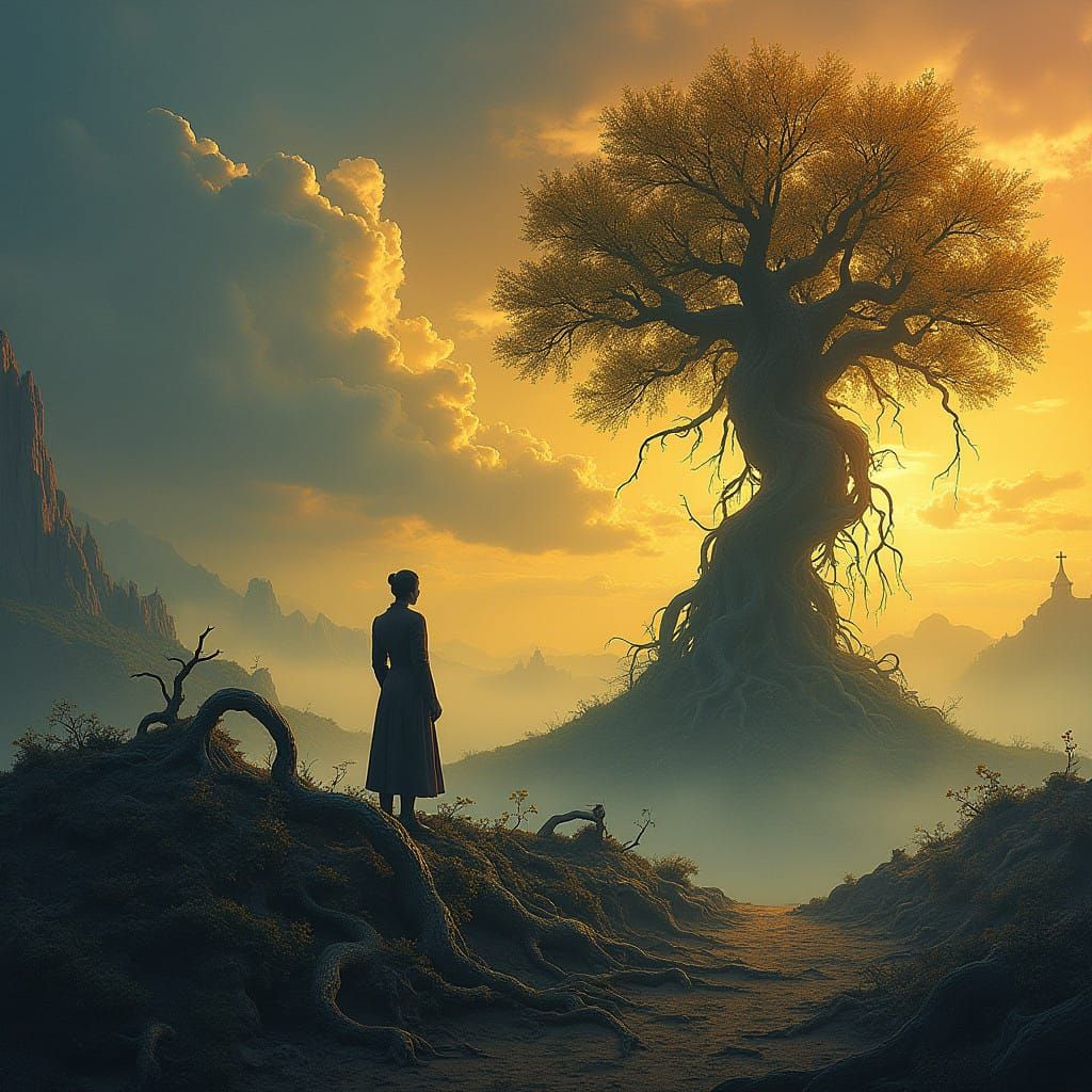 Lone Figure in Golden-Hued Landscape with Mysterious Archite...