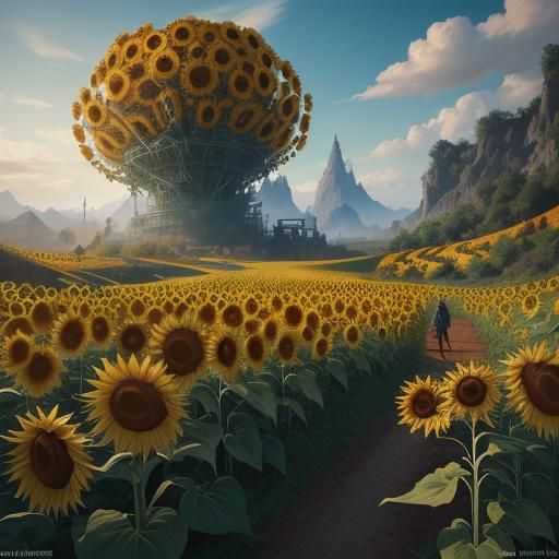 Farmer in Mythical Sunflower Field: Fantasy Concept Art