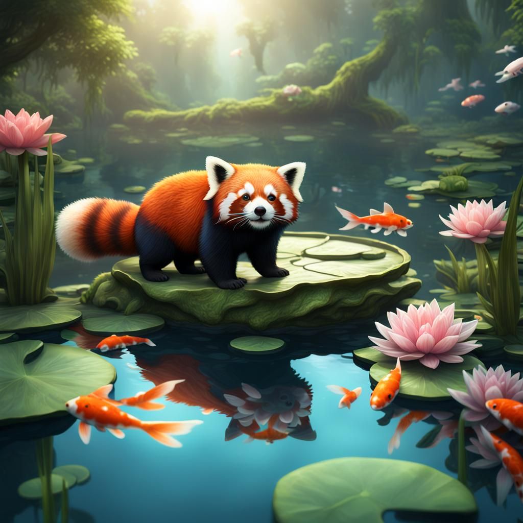 Red Panda on Lily Pad with Koi Fish