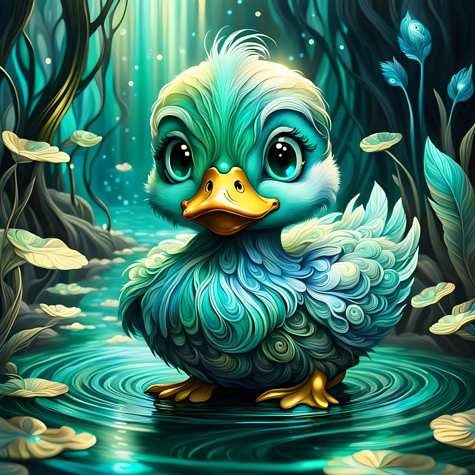 Cute Surreal Chibi Duck in Art Nouveau River