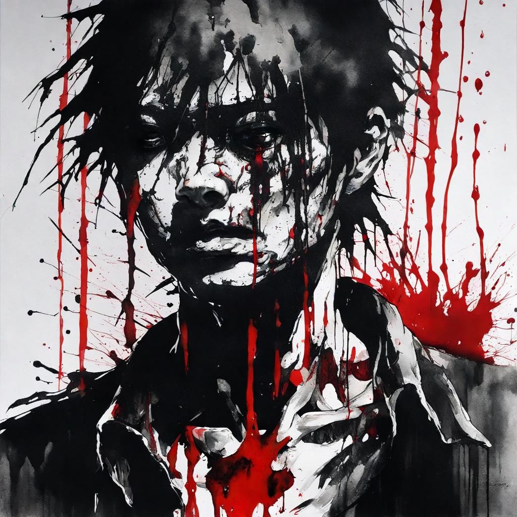 Monochrome Ink Painting of Tormented Killer