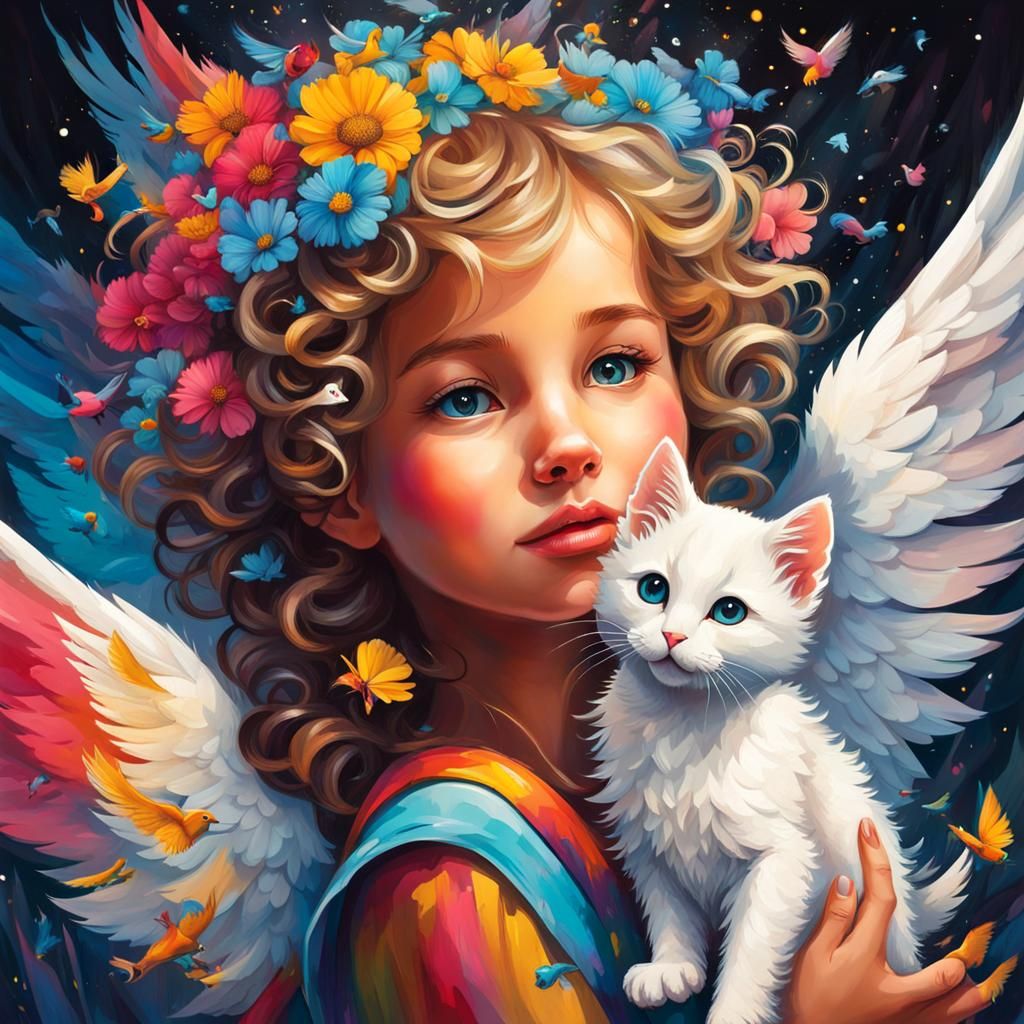 Angel Giving Kitten to Girl in Graffiti Art
