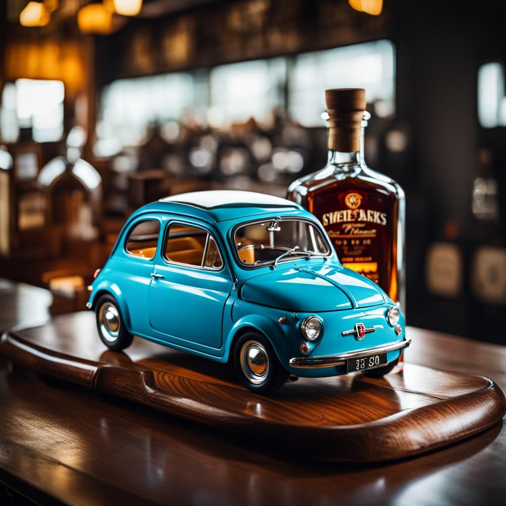 Light Blue Fiat 500 in Whisky Bottle