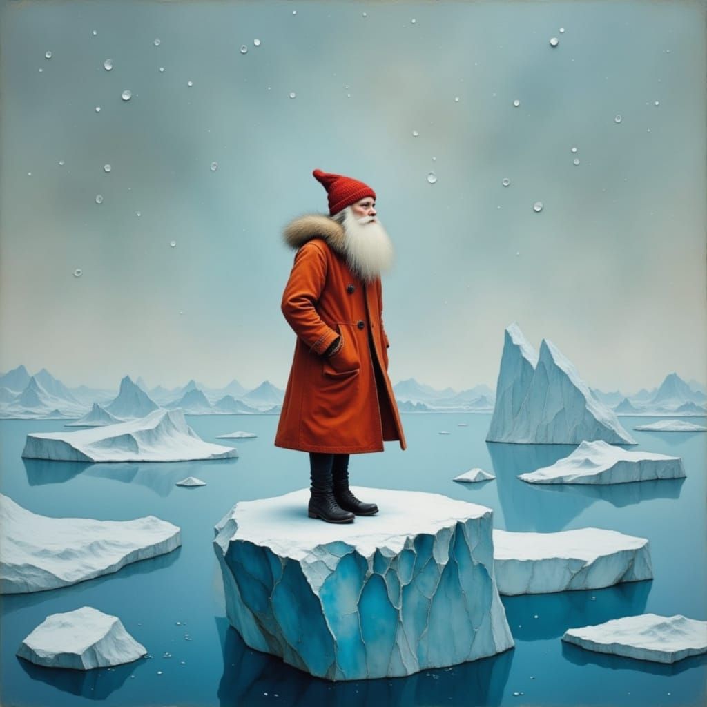 Festive Figure on Iceberg in Whimsical Landscape