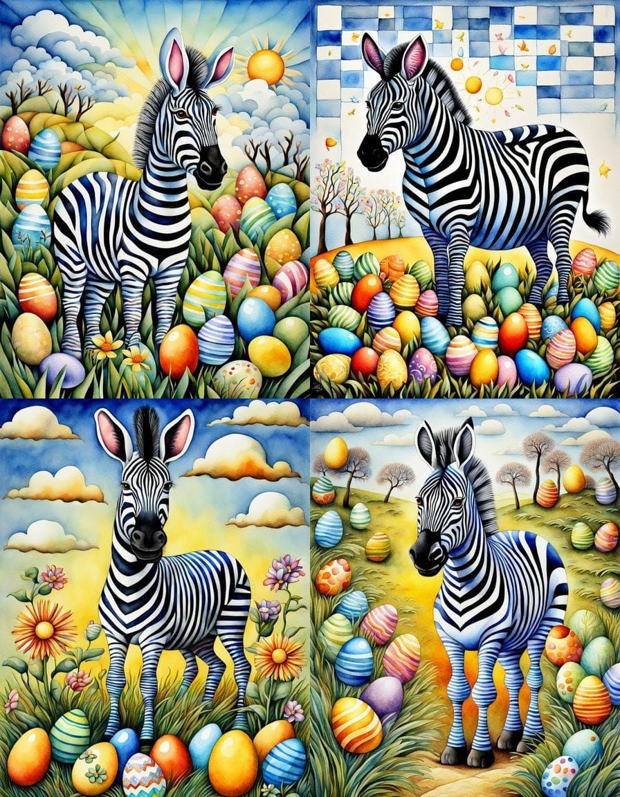 Cubist Easter Scene with Zebra and Easter Flowers