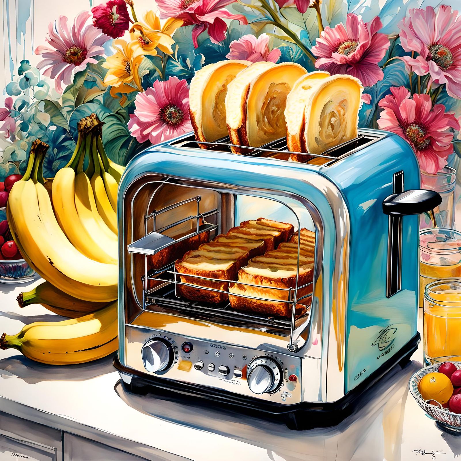 Pop Art Toaster and Bananas in Ink and Watercolor