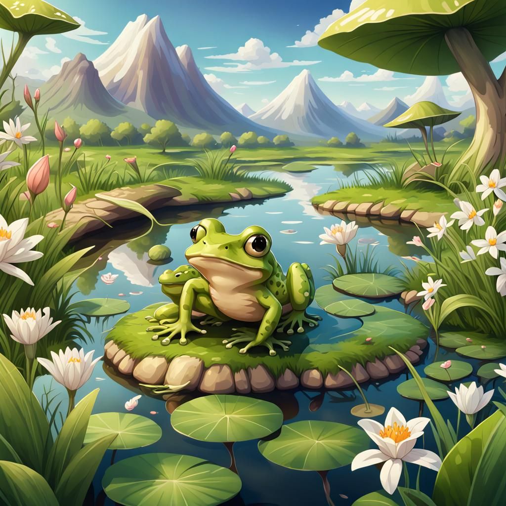 Chibi Frogs in Pond: Airbrush Rackham Illustration