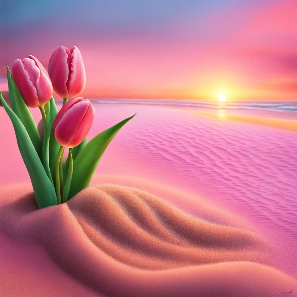 Hyperrealistic Rainbow Beach Sunset with Pink Tulips