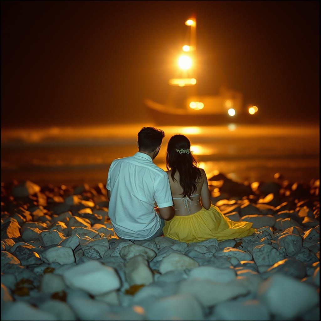 Hyperrealistic Lovers on Rocky Beach at Night