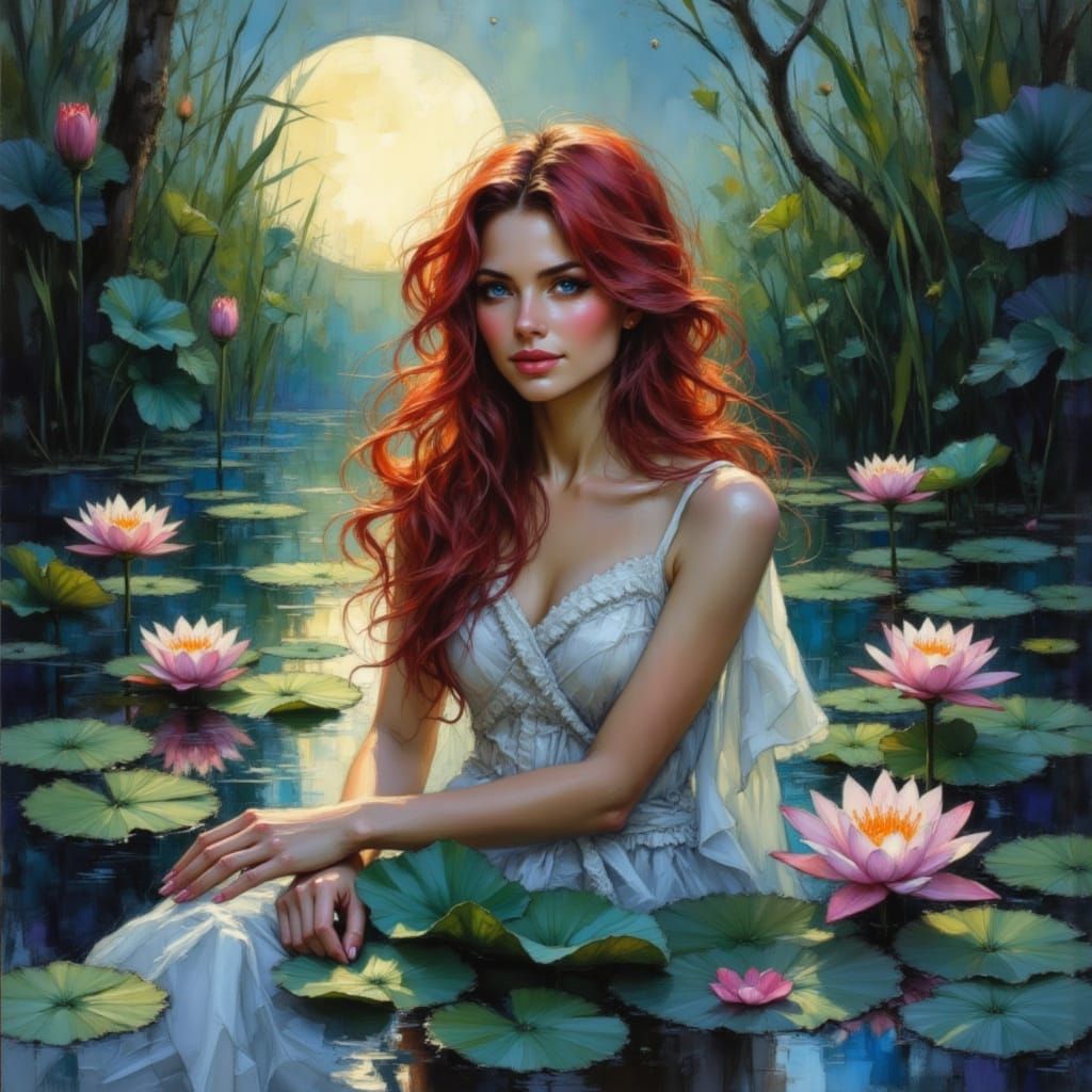 Red-Haired Woman in Pond, Dreamy Watercolor Art