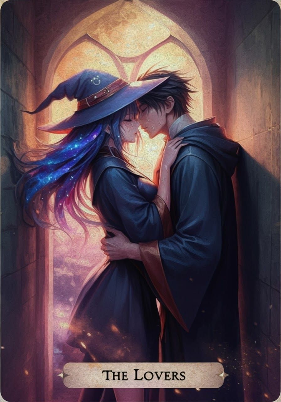 Anime "The Lovers" Tarot Card in Pastel Style