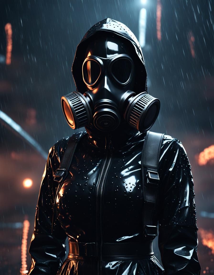 Woman in Gas Mask in Rain, Detailed Matte Painting