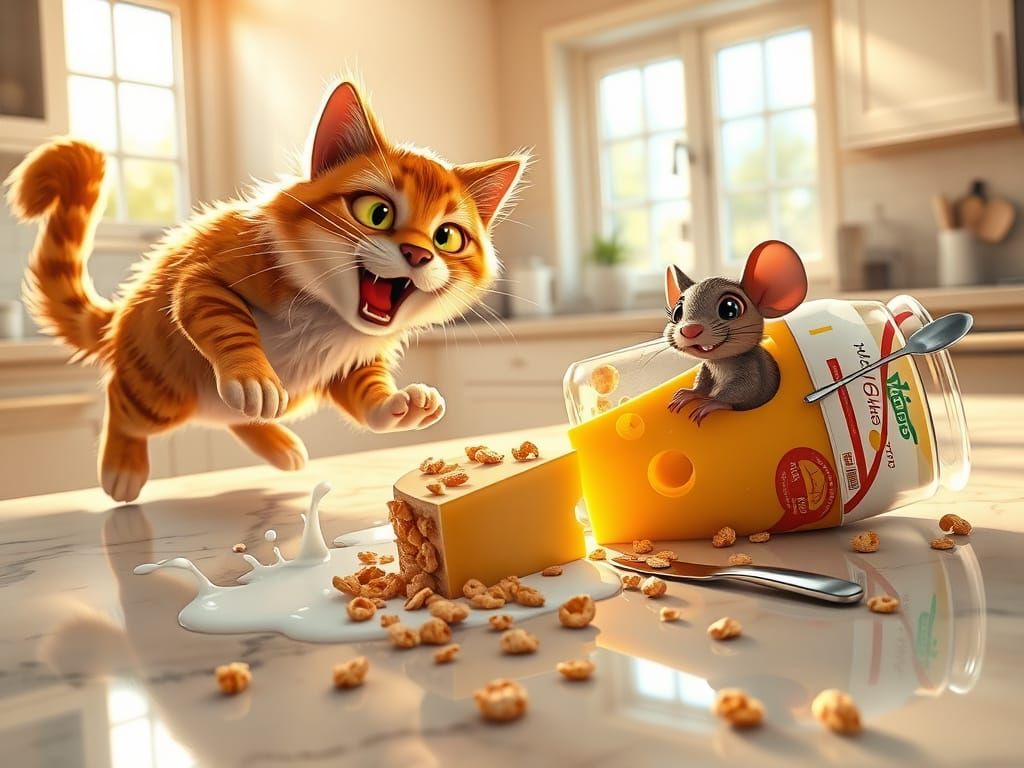 Comical Kitchen Chaos: Cartoon Cat and Mouse Chase