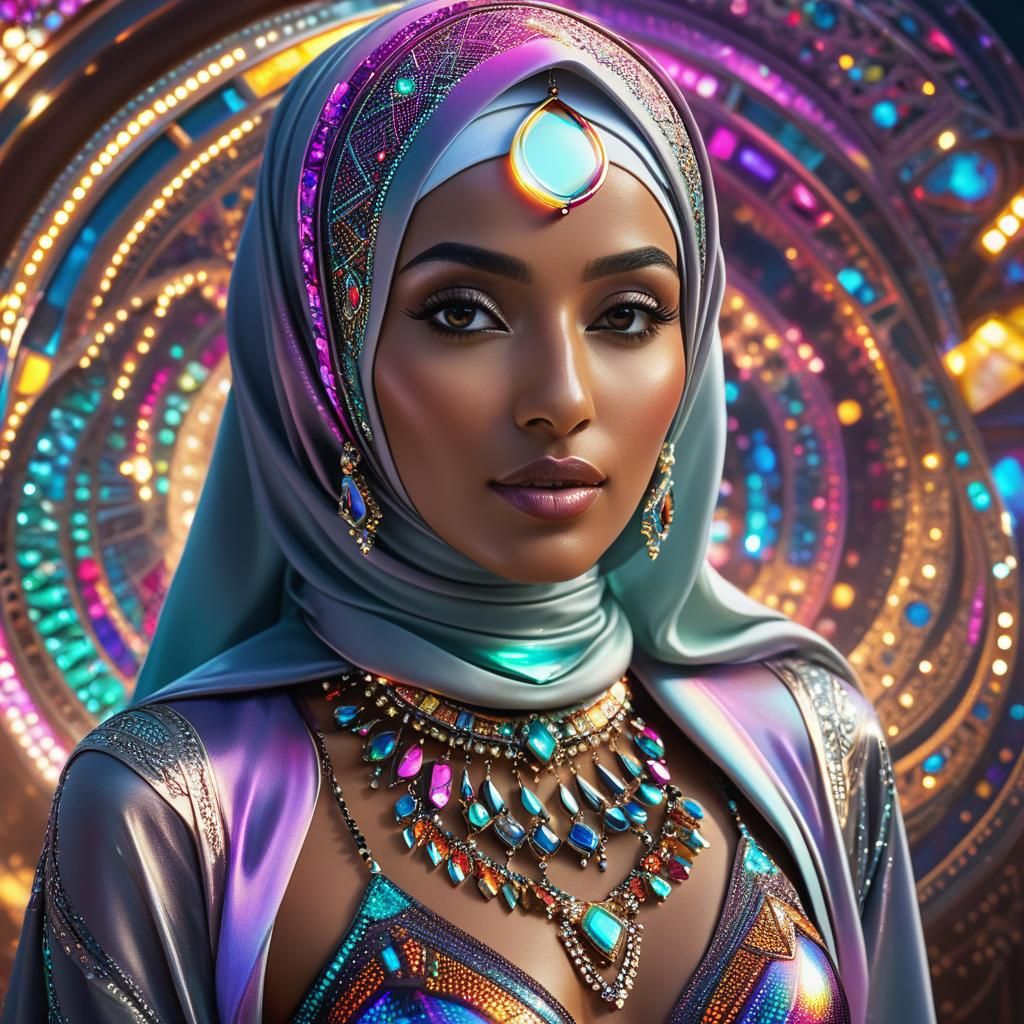 Stunning Muslim Woman in Vibrant Bikini and Futuristic Jewel...