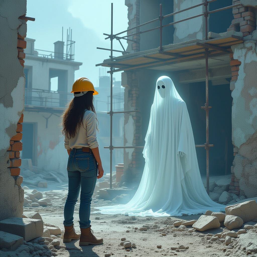 Architect and Ghost at Construction Site in Dark Style