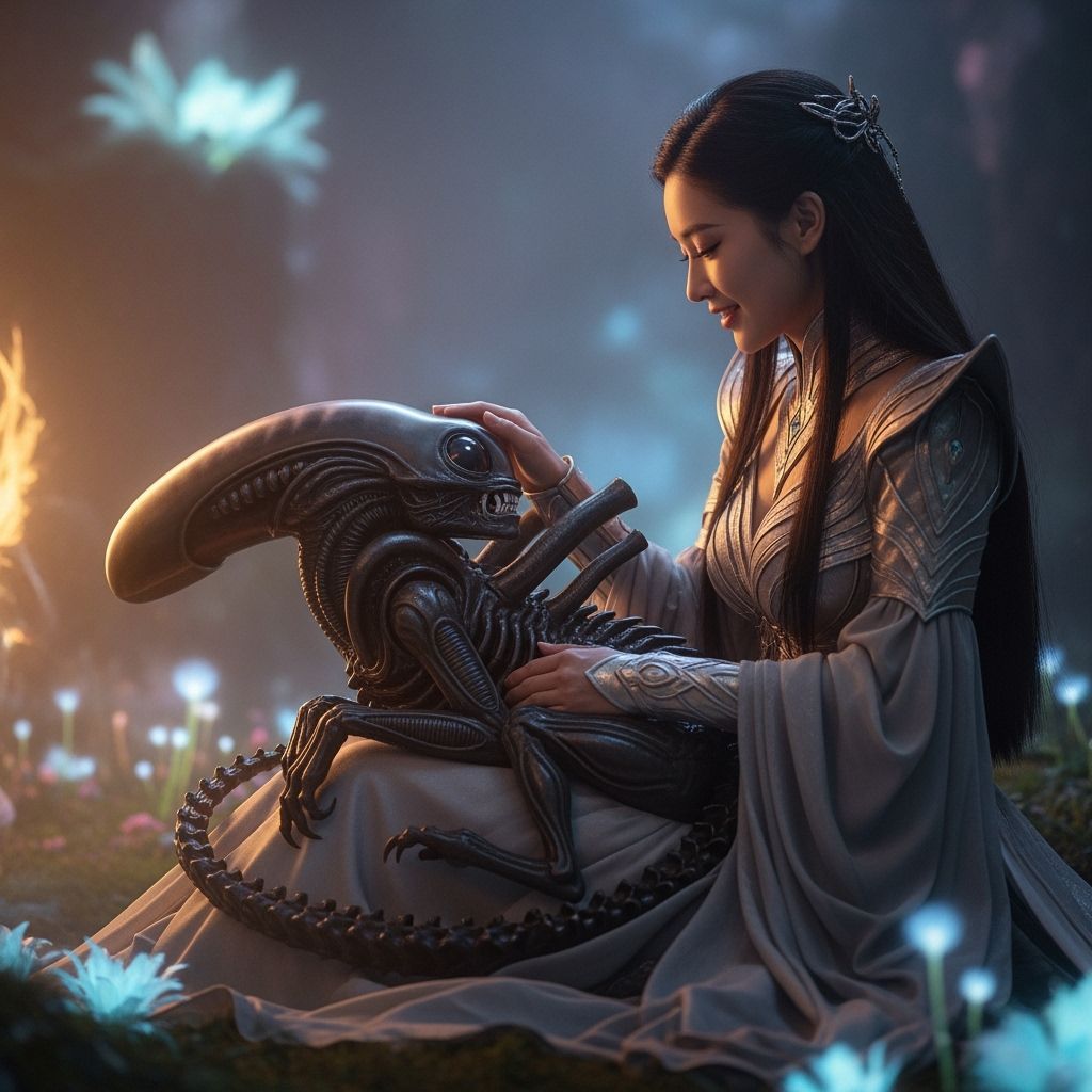 Woman Petting Small Xenomorph Creature in Mystical Setting