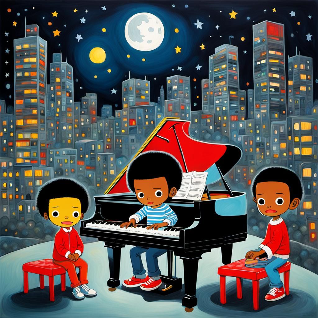Playing Piano at night by Hebru Brantley --v 6
