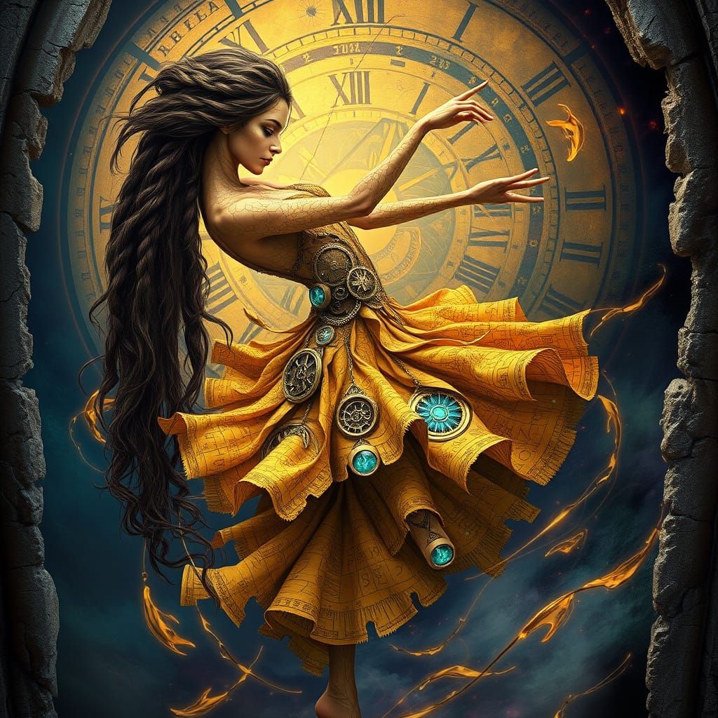 Time-Warped Dancer in Golden Parchment Skin and Clockwork Ha...