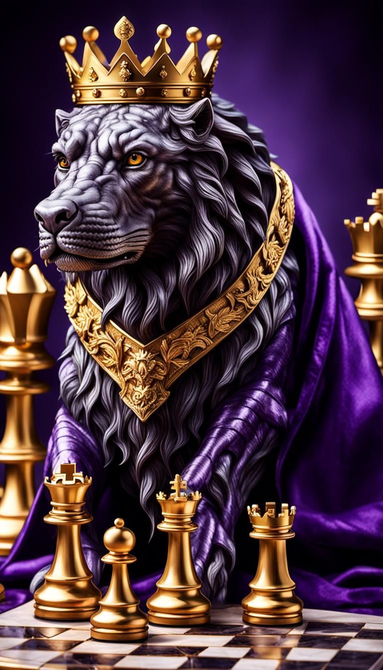Rex playing chess on a marble board, regal and intelligent p...