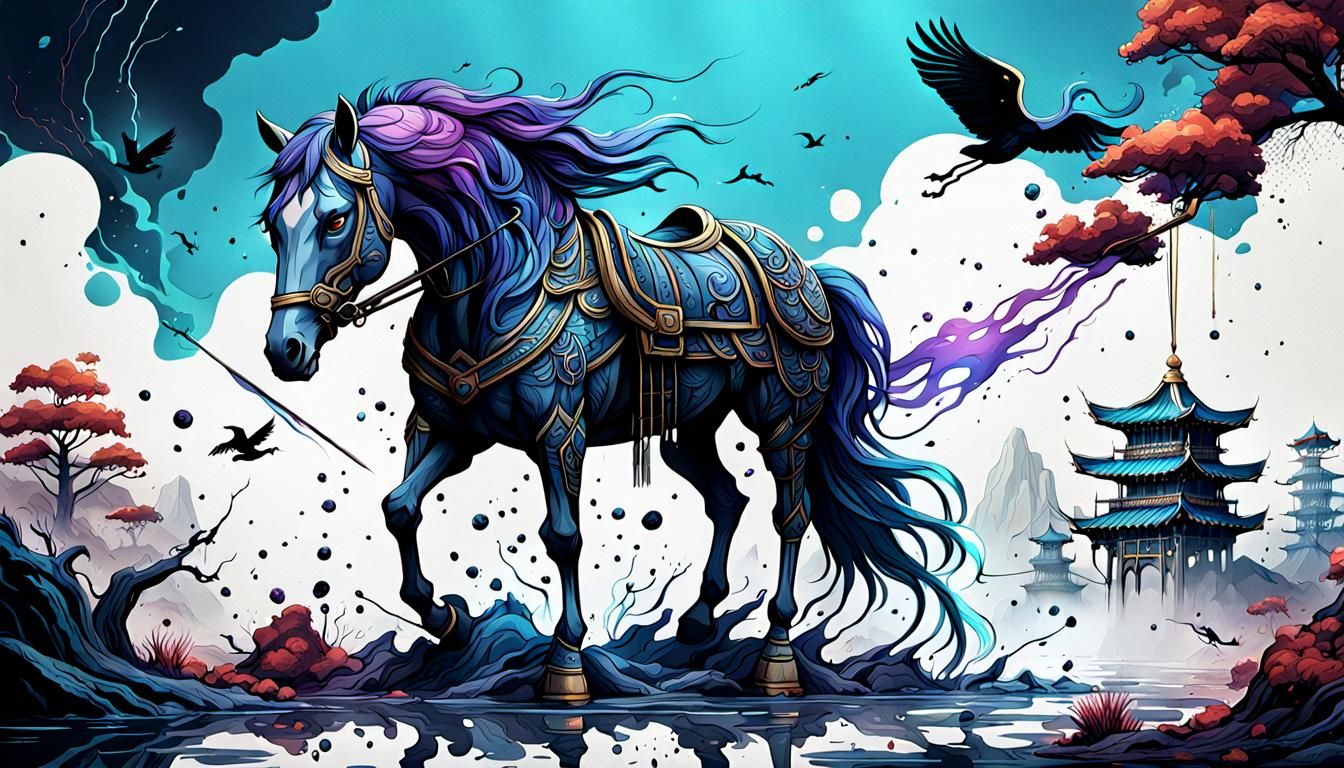 Horse and Crane in Detailed Ink Splatter Line Art