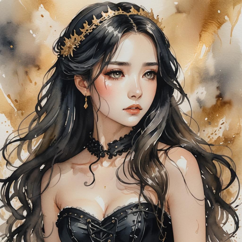 Dreamy Anime Queen Portrait in Watercolor Style