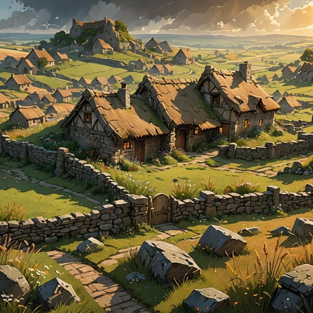 Vulnerable Hamlet in Fantasy Grassland, Digital Art