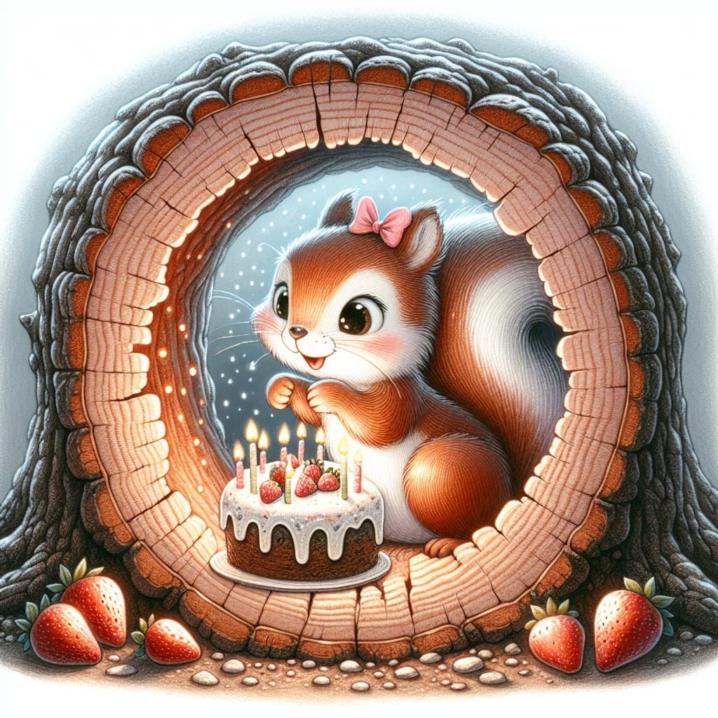 Squirrel Birthday Celebration in Cozy Tree Trunk Home