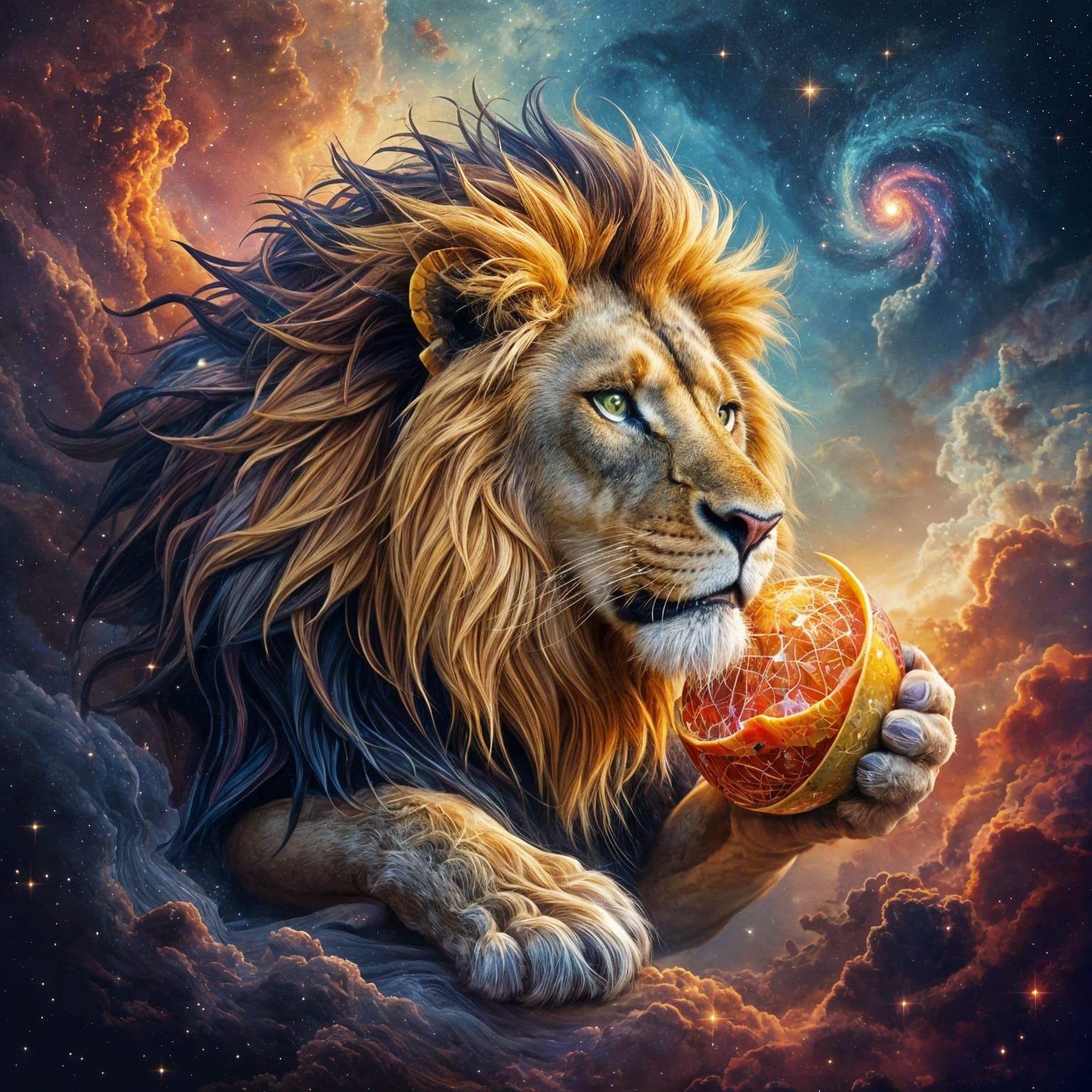 Geometric Lion Devouring Cosmic Fruit in Starry Nebula